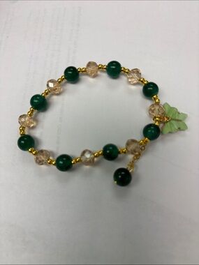Green Bead Bracelet with Butterfly Charm - Unbranded
